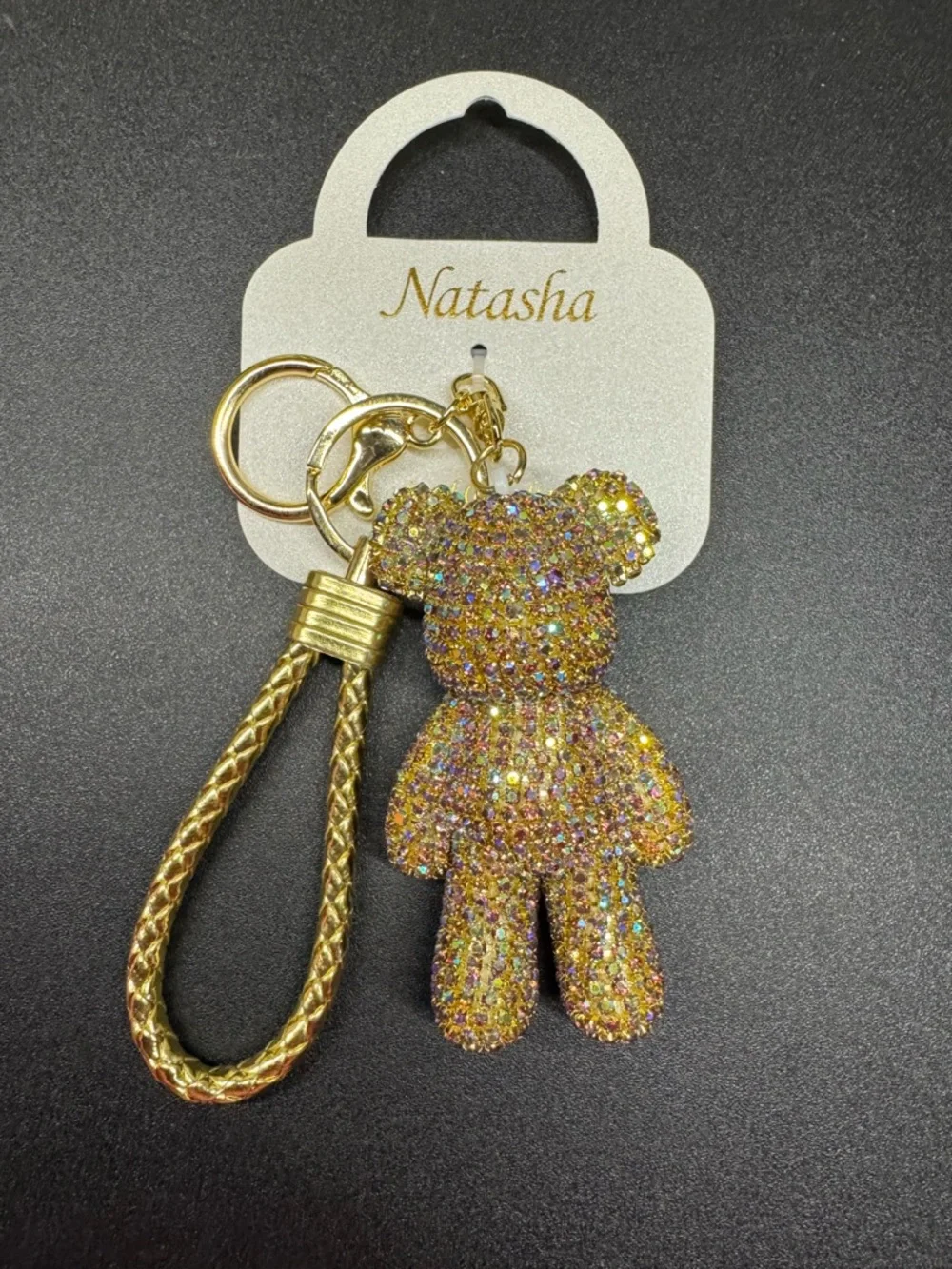 Natasha Gold Rhinestone Teddy Bear Bag Charm Keychain Sparkle NWT - Picture 2 of 5